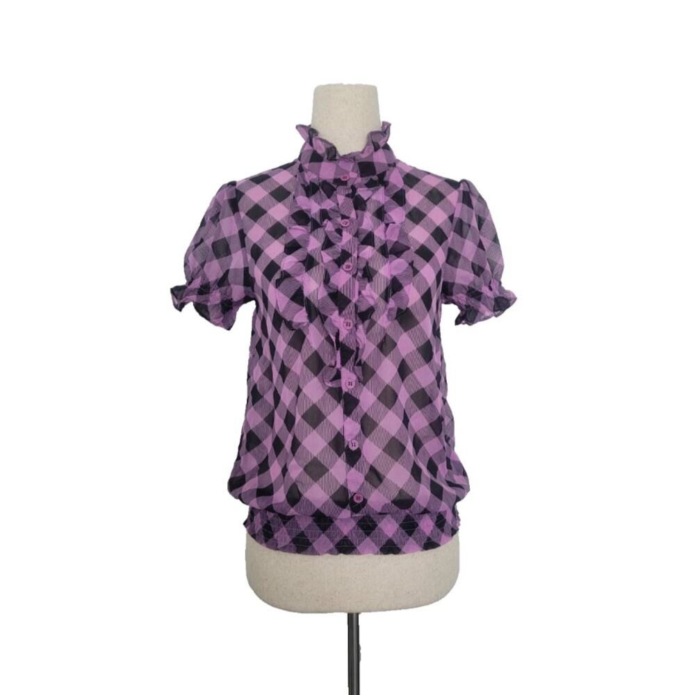 Y2k Poetry Gingham Sheer Ruffle Button Top Size S Preppy Twee Grunge Punk Edgy